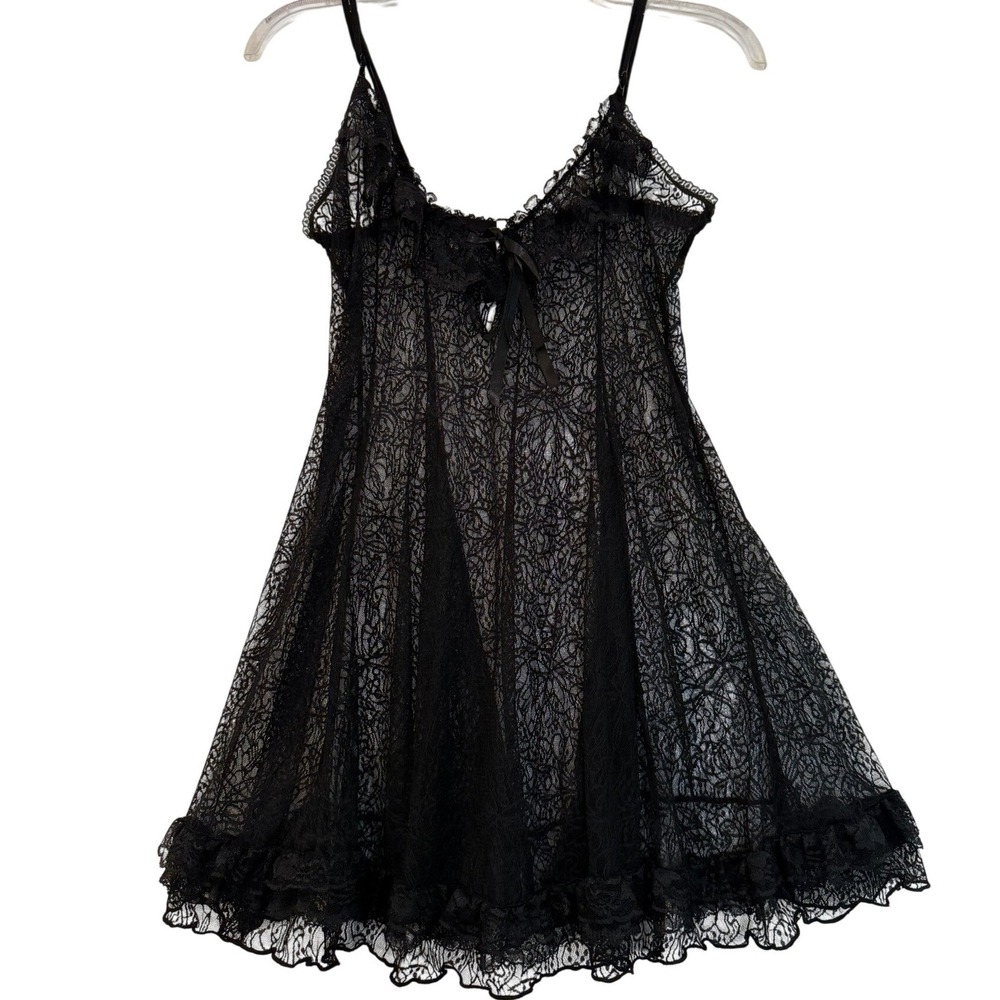 Mayela Black Floral Lace Babydoll Chemise Nightgown XL Sheer Ruffle Hem